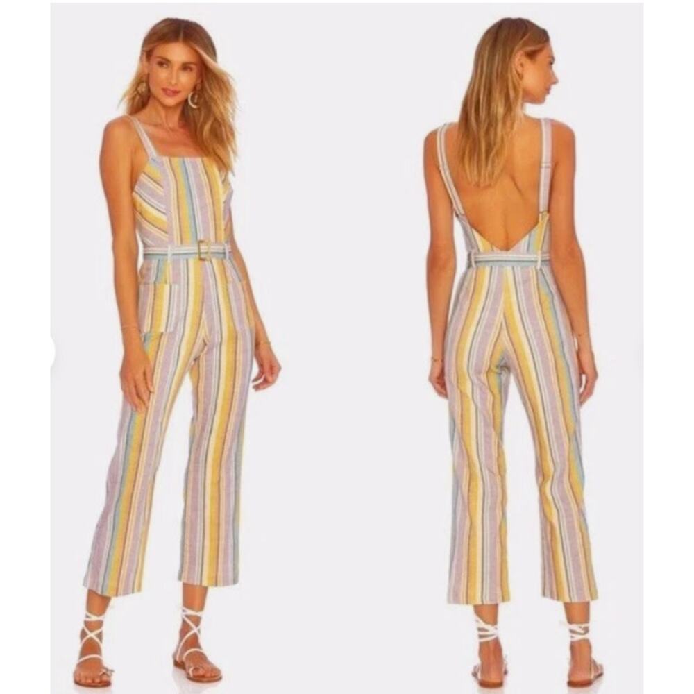 Ellejay Holly Striped Cropped Jumpsuit Rainbow Pastel One Piece Women's L 3703